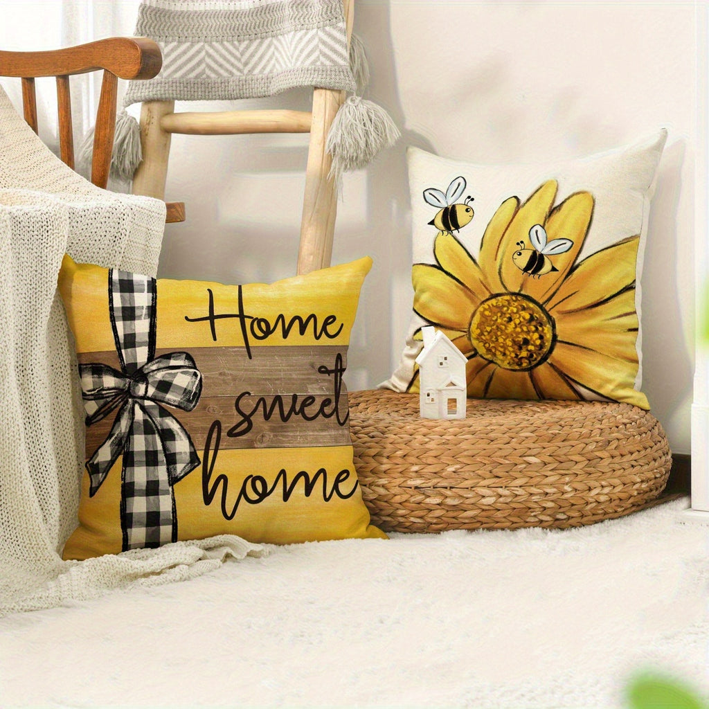 4pcs Vintage Floral & Bee Print Pillow Covers - Double-Sided Sunflower & Bee Design with "Home Sweet Home" Text, Soft Plush Zipper Closure Cushion Cases, Machine Washable for Living Room, Bedroom, Sofa (Multiple Sizes), Decorative Pillow Covers, Bedroom