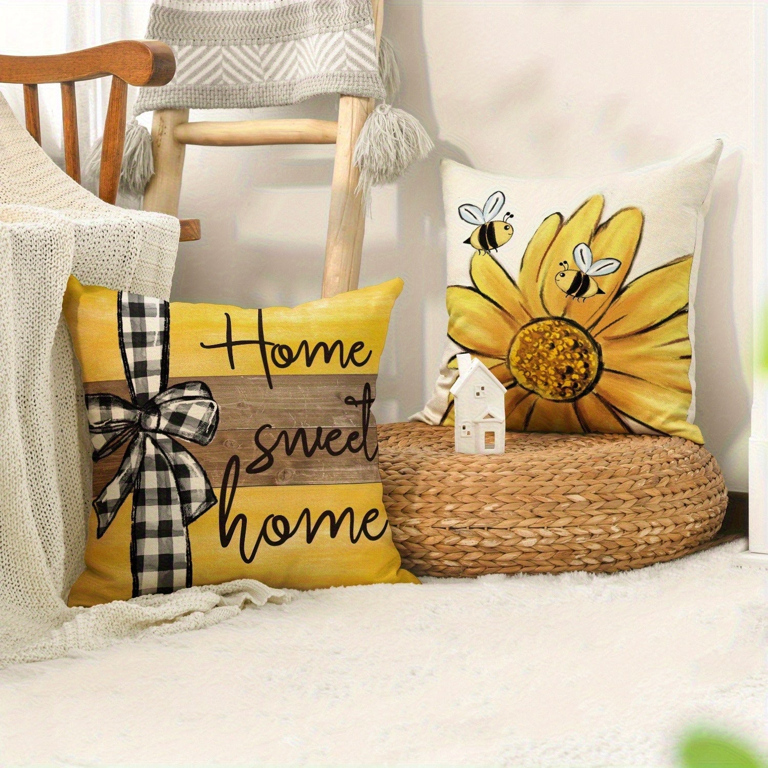 4pcs Vintage Floral & Bee Print Pillow Covers - Double-Sided Sunflower & Bee Design with "Home Sweet Home" Text, Soft Plush Zipper Closure Cushion Cases, Machine Washable for Living Room, Bedroom, Sofa (Multiple Sizes), Decorative Pillow Covers, Bedroom