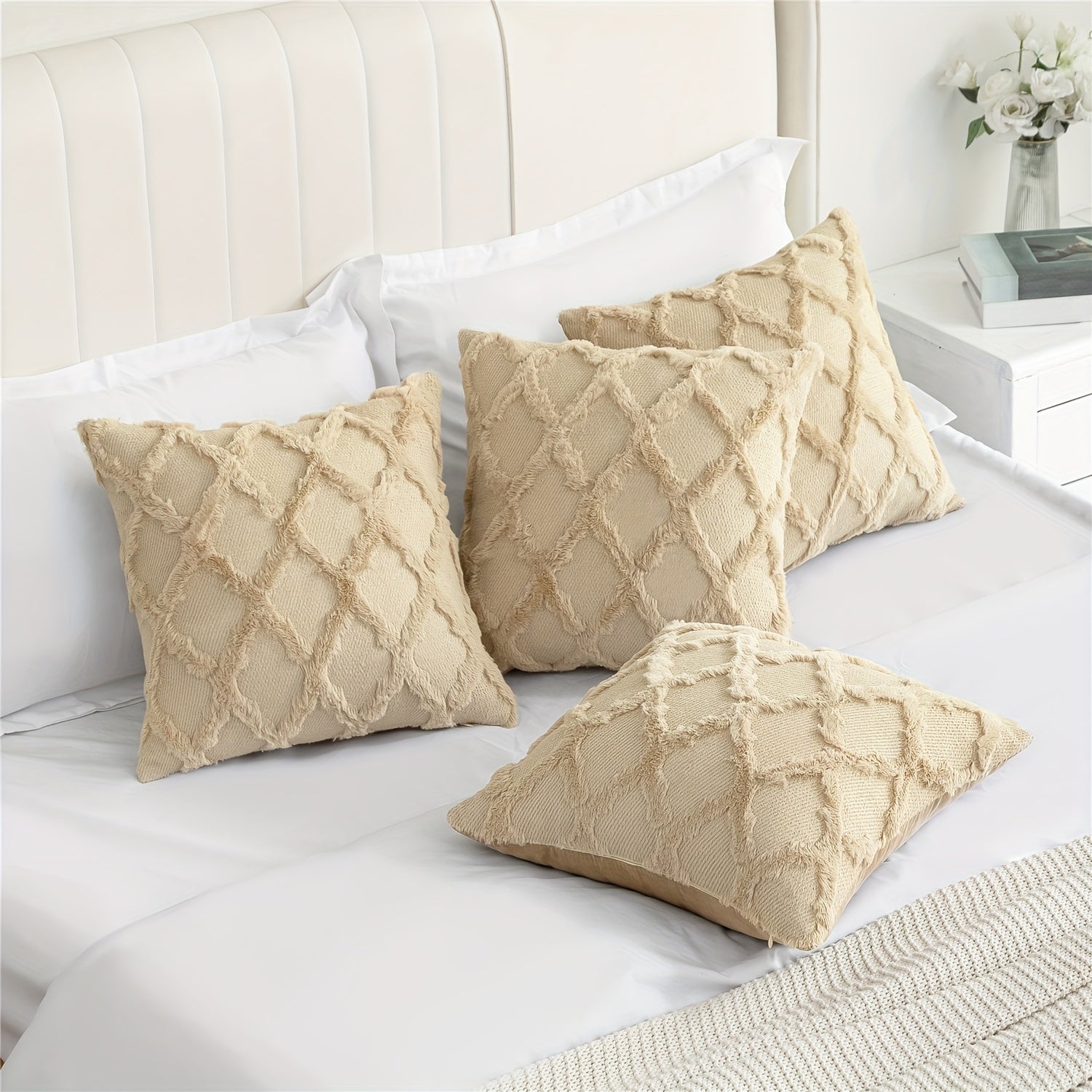 4-Pack Bohemian Style Throw Pillow Covers, 18x18 Inch, Shaggy Plush Faux Wool, 3D Embroidery Geometric Pattern, Suede Decorative Cushion Covers with Zipper, Machine Washable, Polyester, for Multiple Room Couch Sofa Living Room Decor