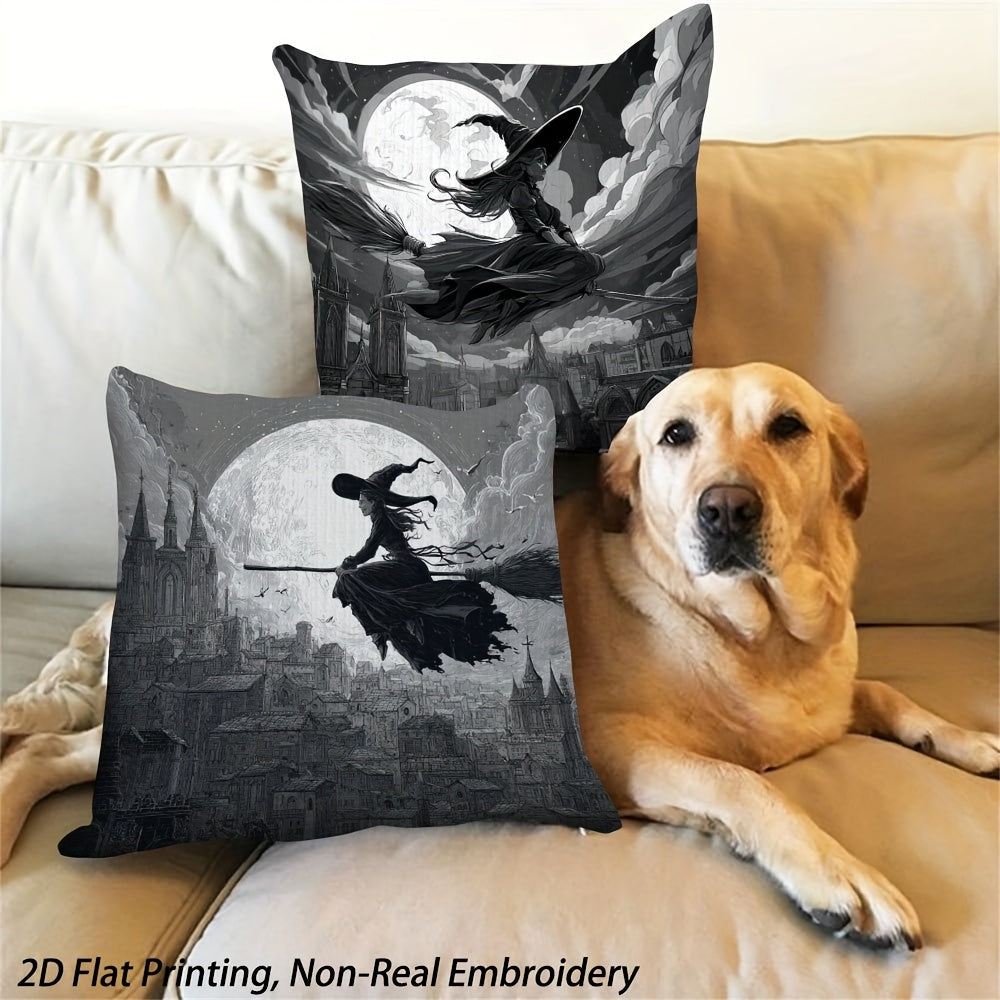 2D Flat Printing, 4pcs Witch And Castle Throw Pillow Covers - Autumn Decorative Accent Cushion Covers for Office, Car, Non-Real Embroidery - Double-Sided Luxurious Sofa Bed Living Room Bedroom Decoration, Without Pillow Inserts YH-LCX67965-67968, for