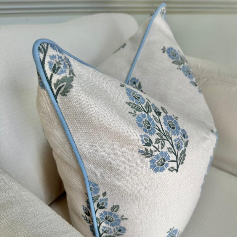The Camille Floral Block Print Pillow Cover Soft Blue and Off White Decorative Throw Pillow Cover Grandmillennial Home Decor 20 x 20