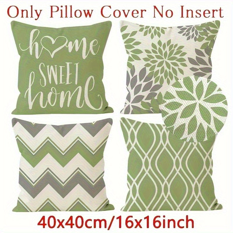 4pcs Retro Geometric & Floral Pillow Covers - Green & White Double-Sided Print, Soft Short Plush with Zipper Closure, Machine Washable, Multiple Sizes for Living Room, Bedroom, Sofa Decor, Bedroom Styling, Vintage Aesthetic, Durable Fabric, Accent