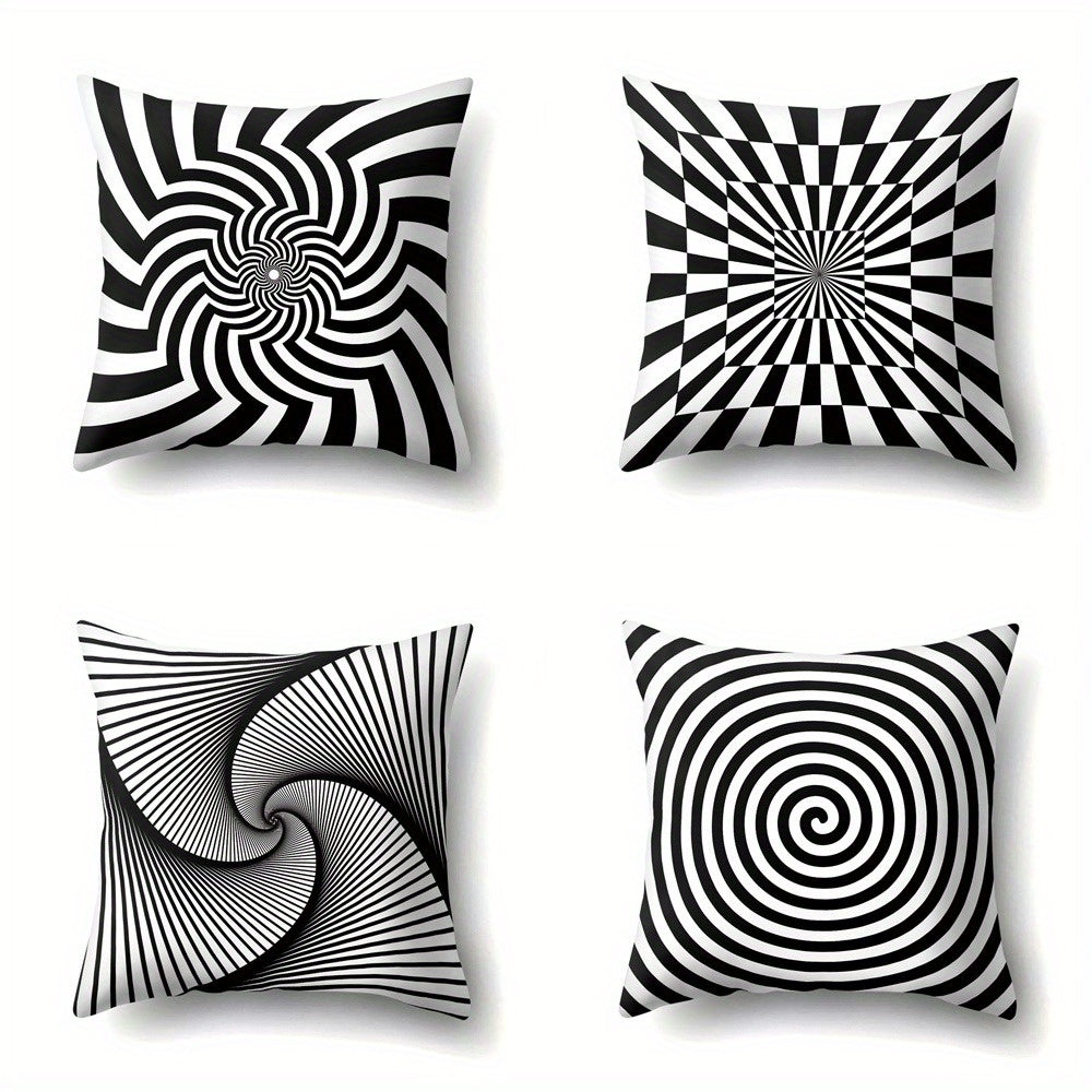 4pcs Black and White Spiral Pillow Covers - Double-Sided Printing, Soft Plush Cushion Cases with Zipper Closure, Modern Optical Illusion Decor for Living Room, Bedroom, Office - Machine Washable Sofa Pillow Shams, Pillow Covers for Living Room, Bedroom