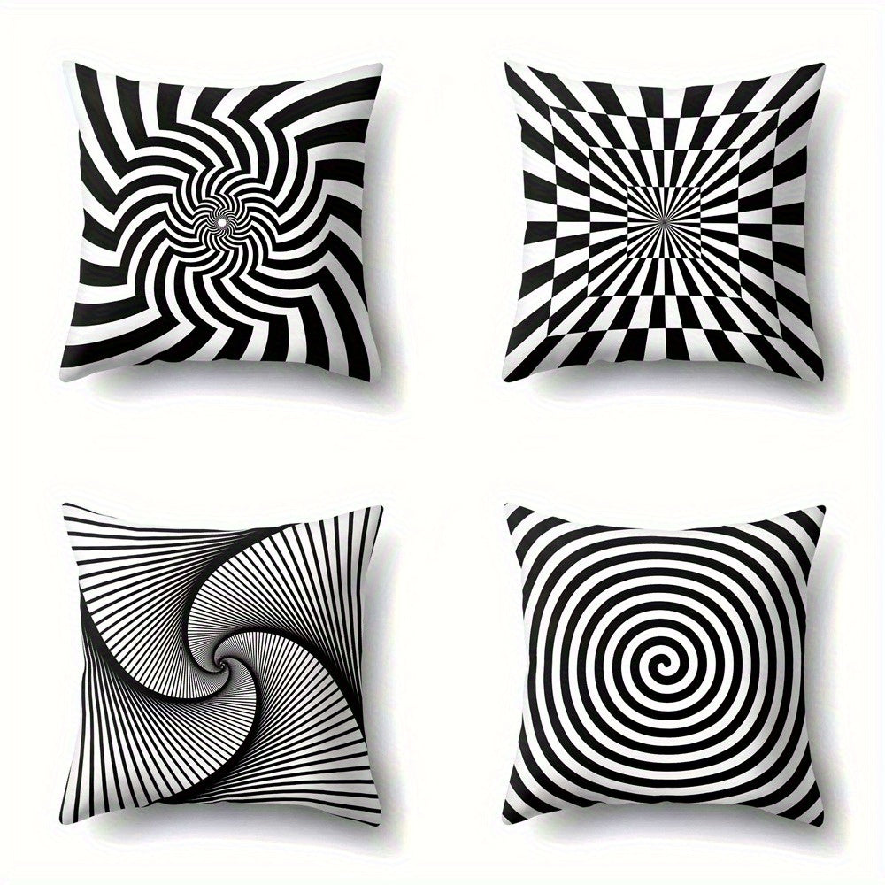 4pcs Black and White Spiral Pillow Covers - Double-Sided Printing, Soft Plush Cushion Cases with Zipper Closure, Modern Optical Illusion Decor for Living Room, Bedroom, Office - Machine Washable Sofa Pillow Shams, Pillow Covers for Living Room, Bedroom