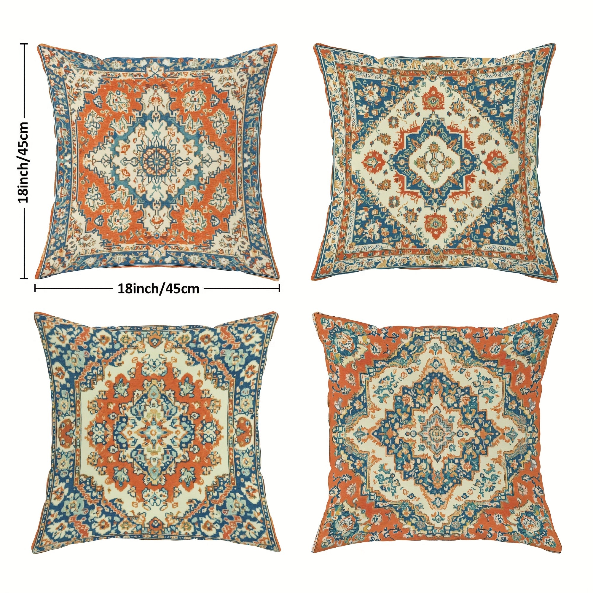 4pcs Polyester Throw Pillow Cover - Retro Ethnic Geometric Pattern Blue Red Orange Soft Decorative Cushion Cover with Zipper Closure for Living Room Bedroom Sofa Decoration Ethnic Style Design - Double-Sided Printing Polyester Without Pillow Core