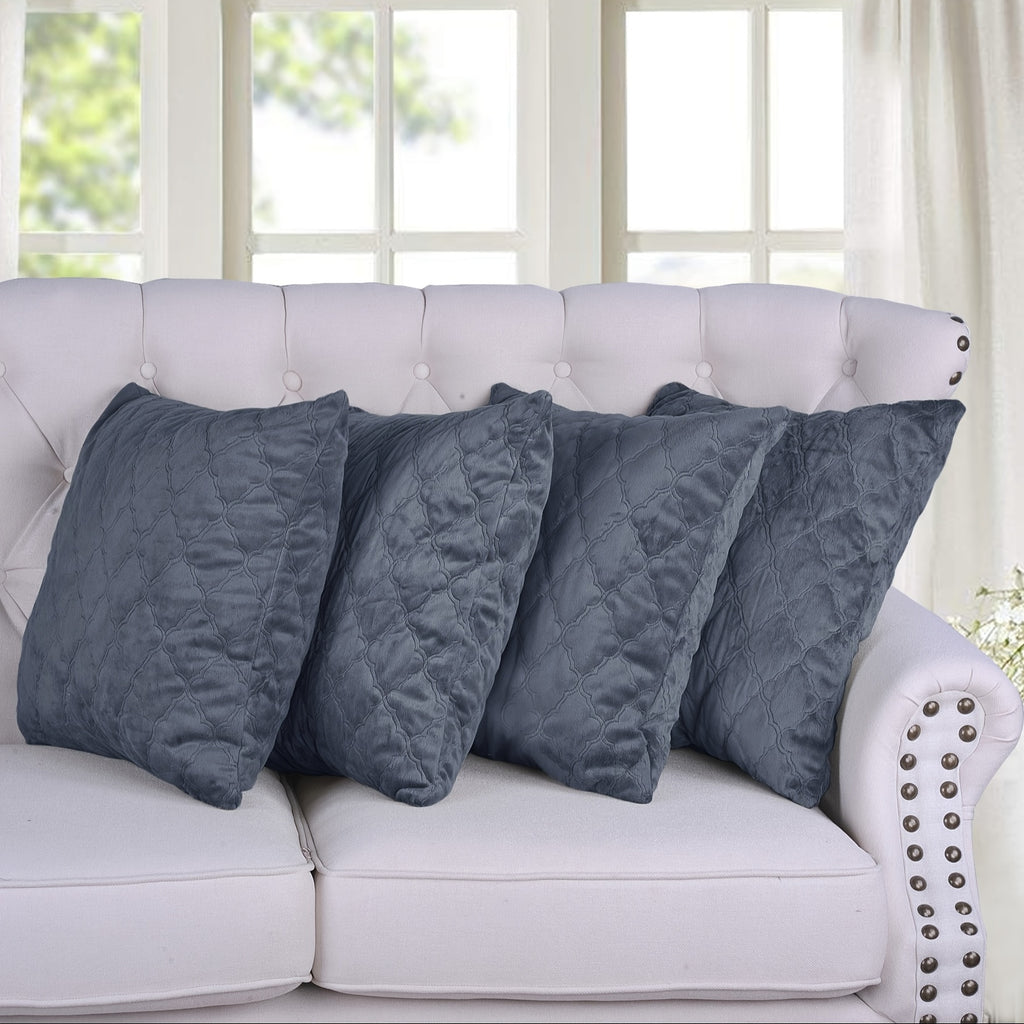 4pcs Quilted Micromink Plush Fuzzy Soft Decorative Pillow Covers Set with Double Sided (NO INSERT), Stylish Cushion Cover for Sofa Couch Chair Living Room Bedroom Decor
