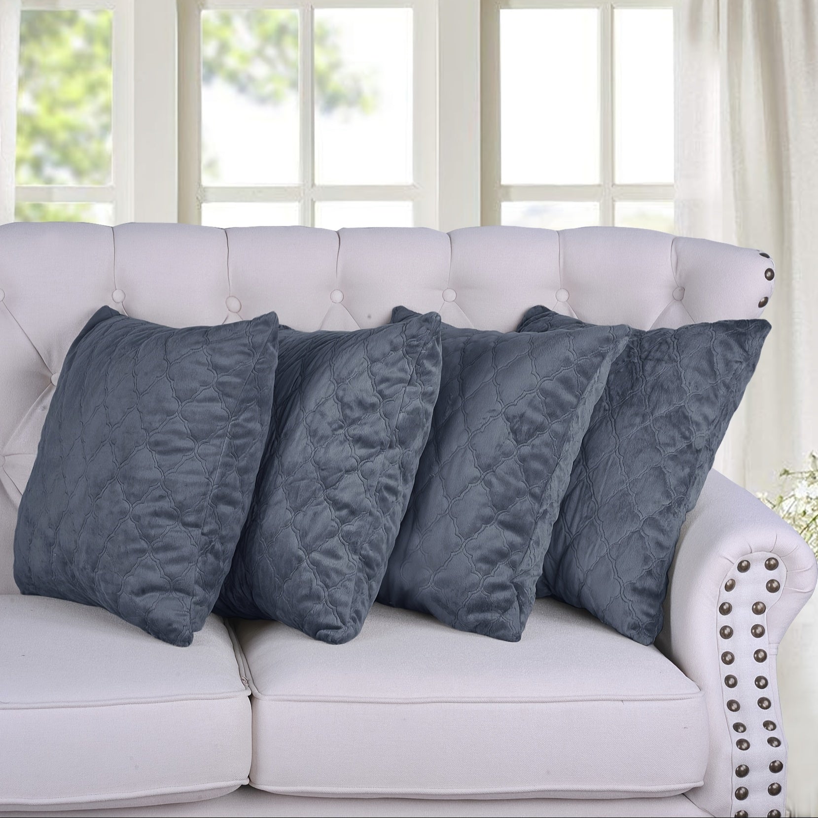 4pcs Quilted Micromink Plush Fuzzy Soft Decorative Pillow Covers Set with Double Sided (NO INSERT), Stylish Cushion Cover for Sofa Couch Chair Living Room Bedroom Decor