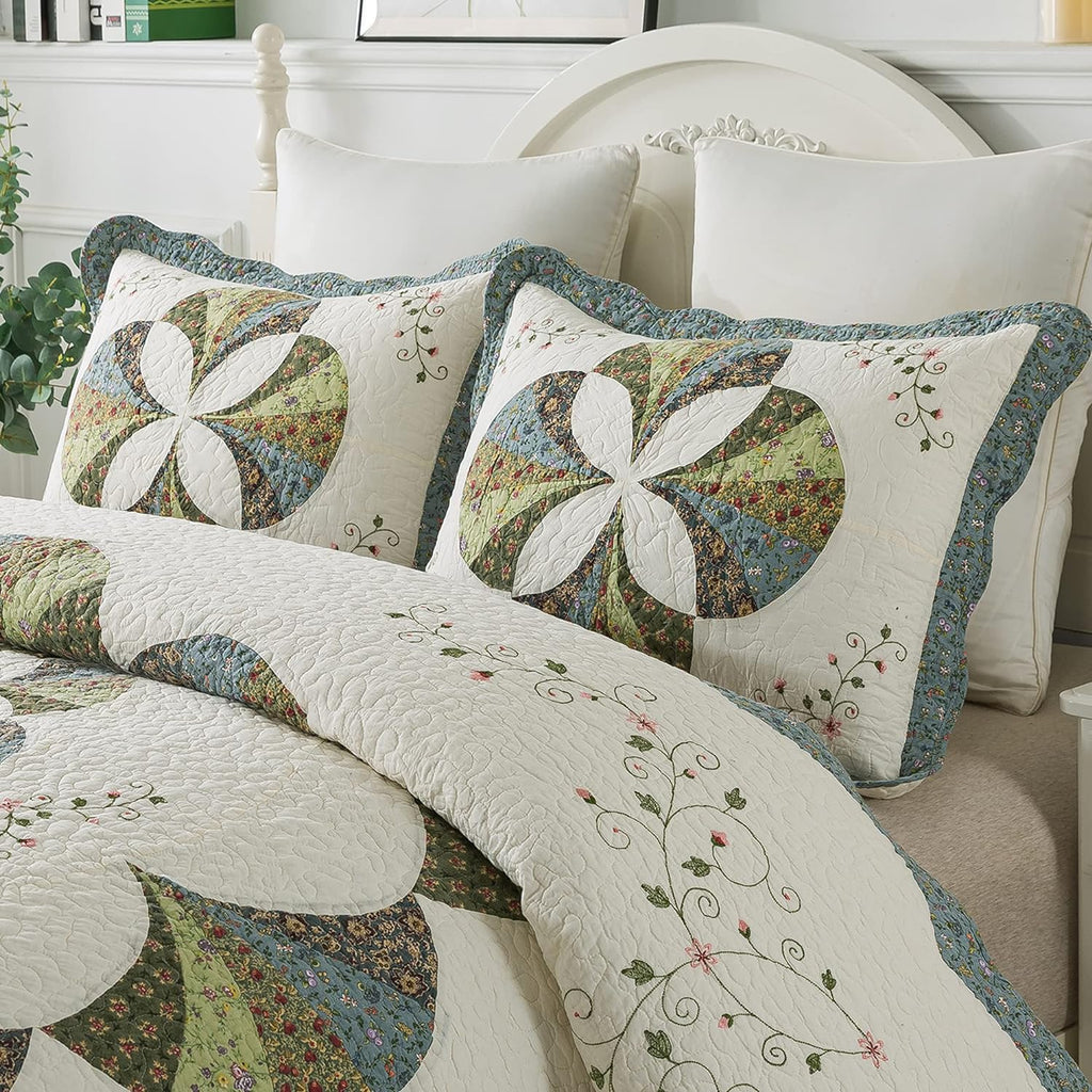 Set of 2 Hand Stitch Finished Cotton Pillow Shams - Luxuries Floral Pattern - Shabby Chic Country Cabin Bedding for All Seasons Ivory and Green for All Seasons for Home Bedroom, Guestroom, RV, Camper, Cabin, and College Dorms