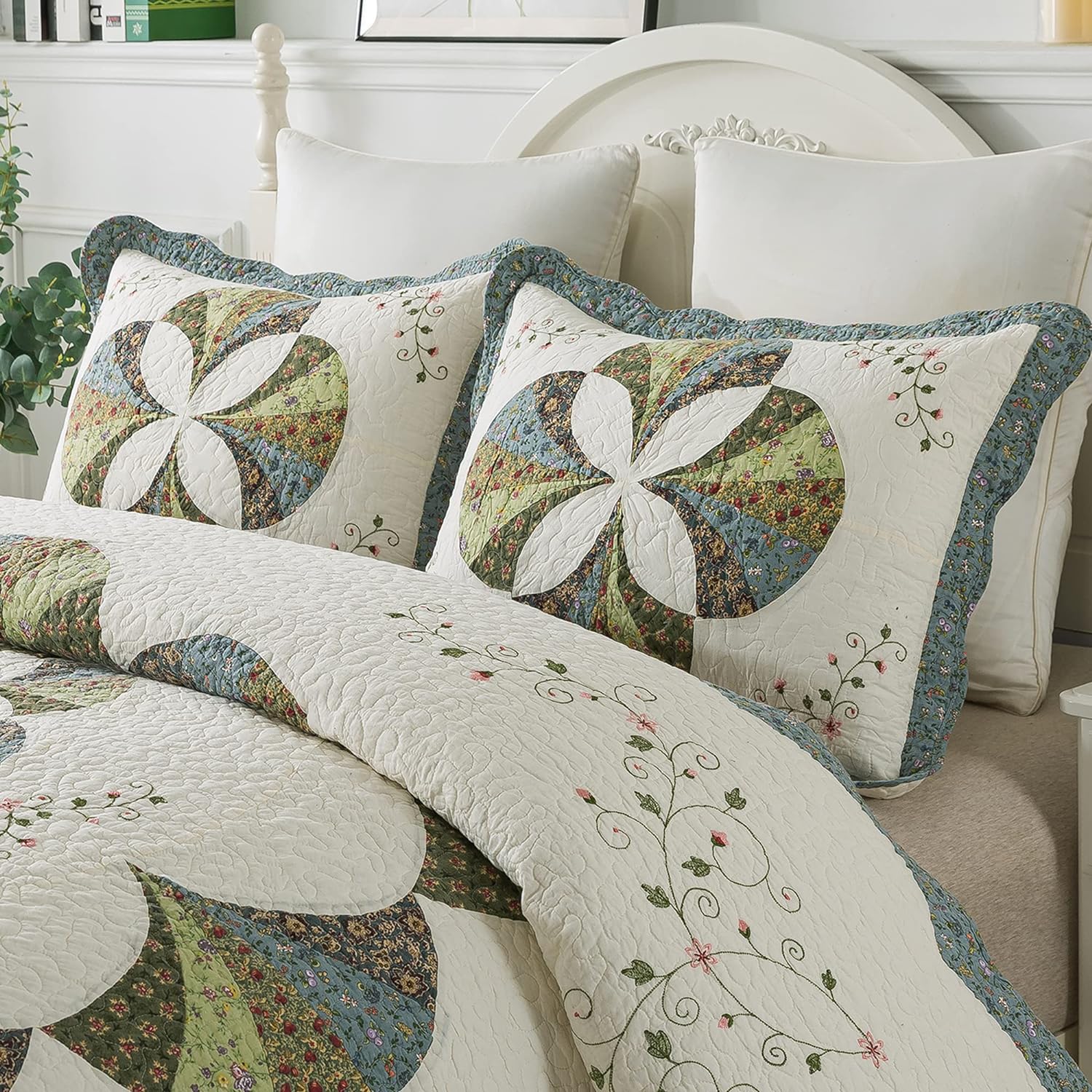 Set of 2 Hand Stitch Finished Cotton Pillow Shams - Luxuries Floral Pattern - Shabby Chic Country Cabin Bedding for All Seasons Ivory and Green for All Seasons for Home Bedroom, Guestroom, RV, Camper, Cabin, and College Dorms