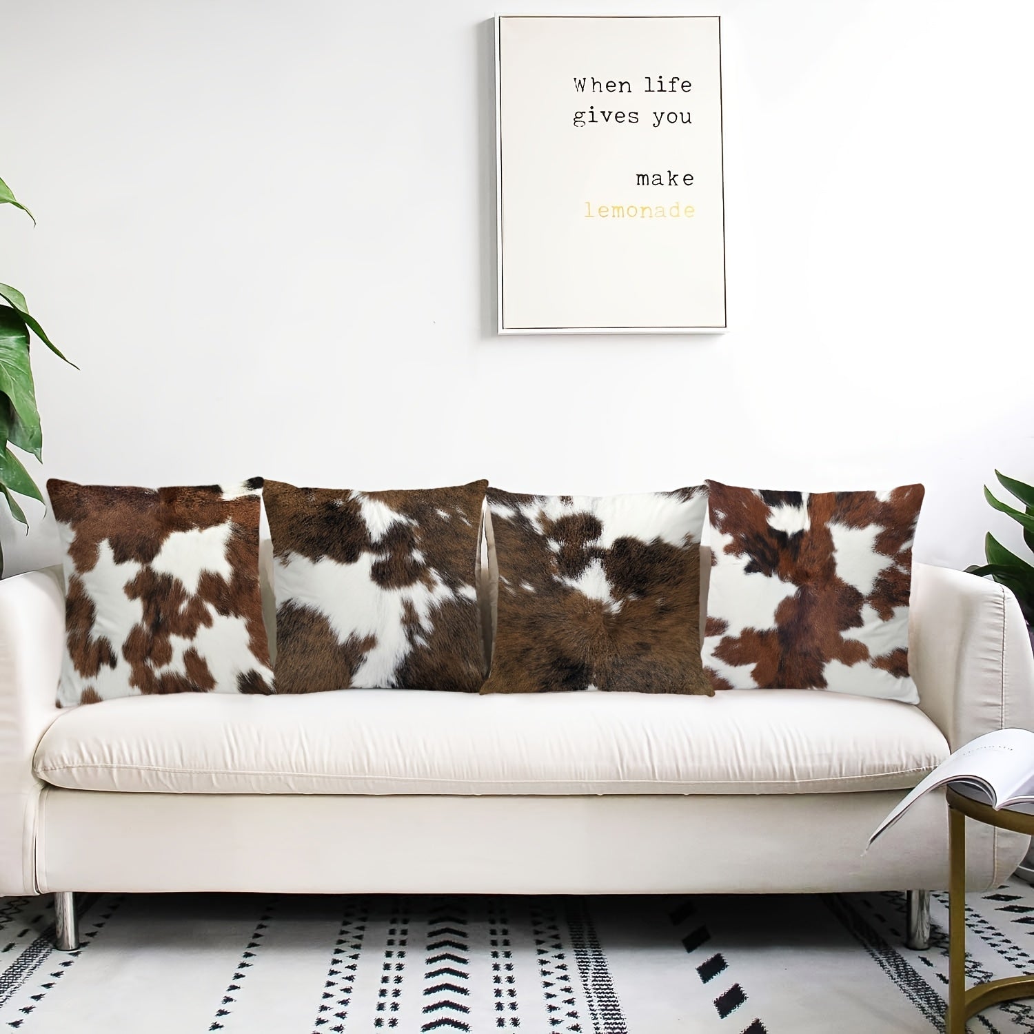 Set Of 4, Vintage Short Plush Double-sided Printed Animal Fur Throw Pillow Covers, Brown Faux Cowhide Printed Decor Cushion Covers, Farmhouse Style Pillowcases, 18x18 Inch, For Porch, Patio, Sofa, Living Room, Bedroom, Outdoor, Without Pillow Inserts