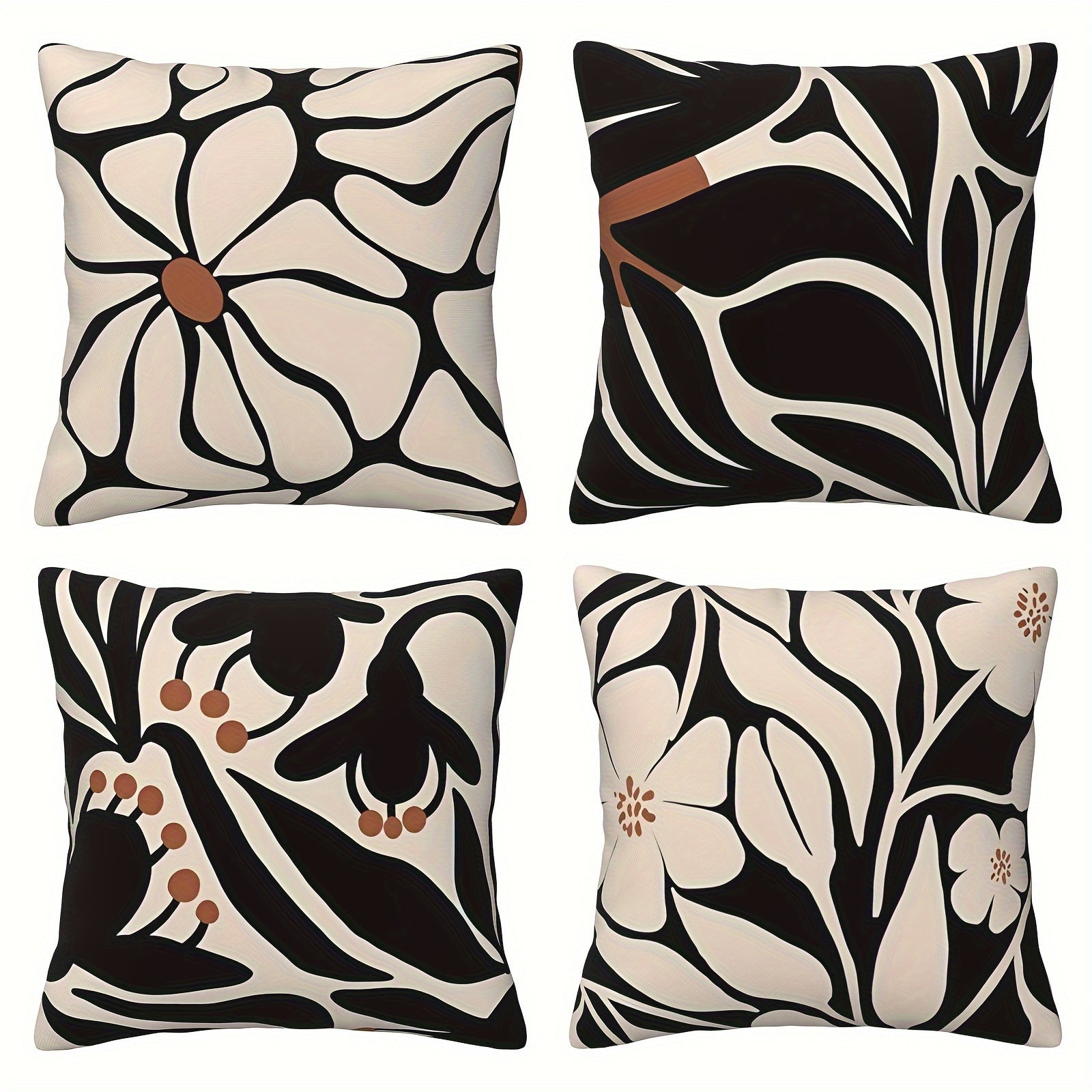 4pcs Bohemian Style Black Floral Pattern Pillowcases - Polyester Blend, Zipper, Machine Washable - Suitable for Sofa, Bed, Car Decoration - Modern Cottage Style Halloween, Thanksgiving, Mother'S Day, Father'S Day, Independence Day, Holiday Essentials