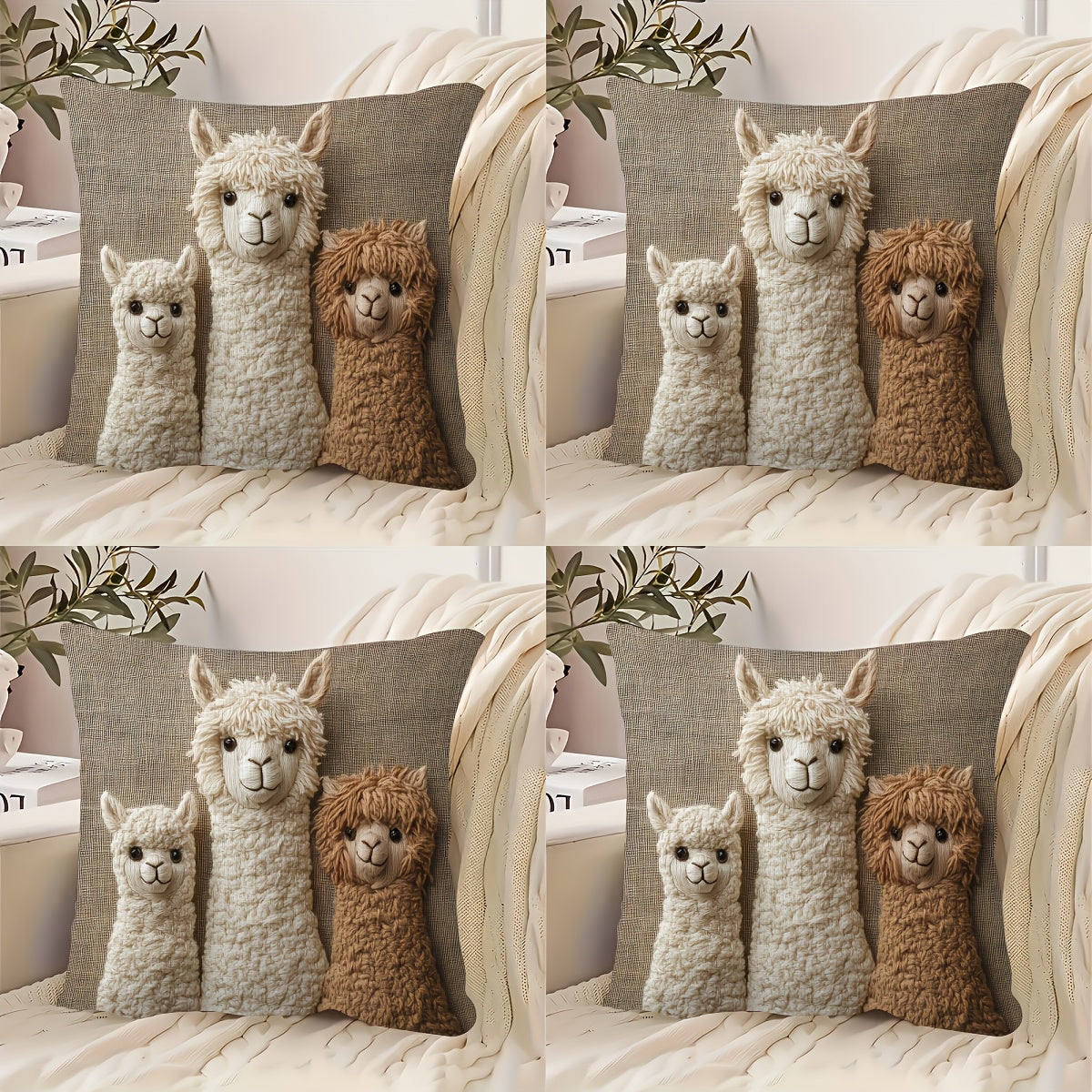 4 Bohemian Alpaca Pillow Covers 18x18 Inches - Ultra-Soft Plush Double-Sided Print, Set of 3 Cute White/Brown/Black Alpacas, Machine Washable Polyester with Zipper Closure, Vintage Home Decor Suitable for Living Room, Bedroom, Nursery, Comfort Bedding
