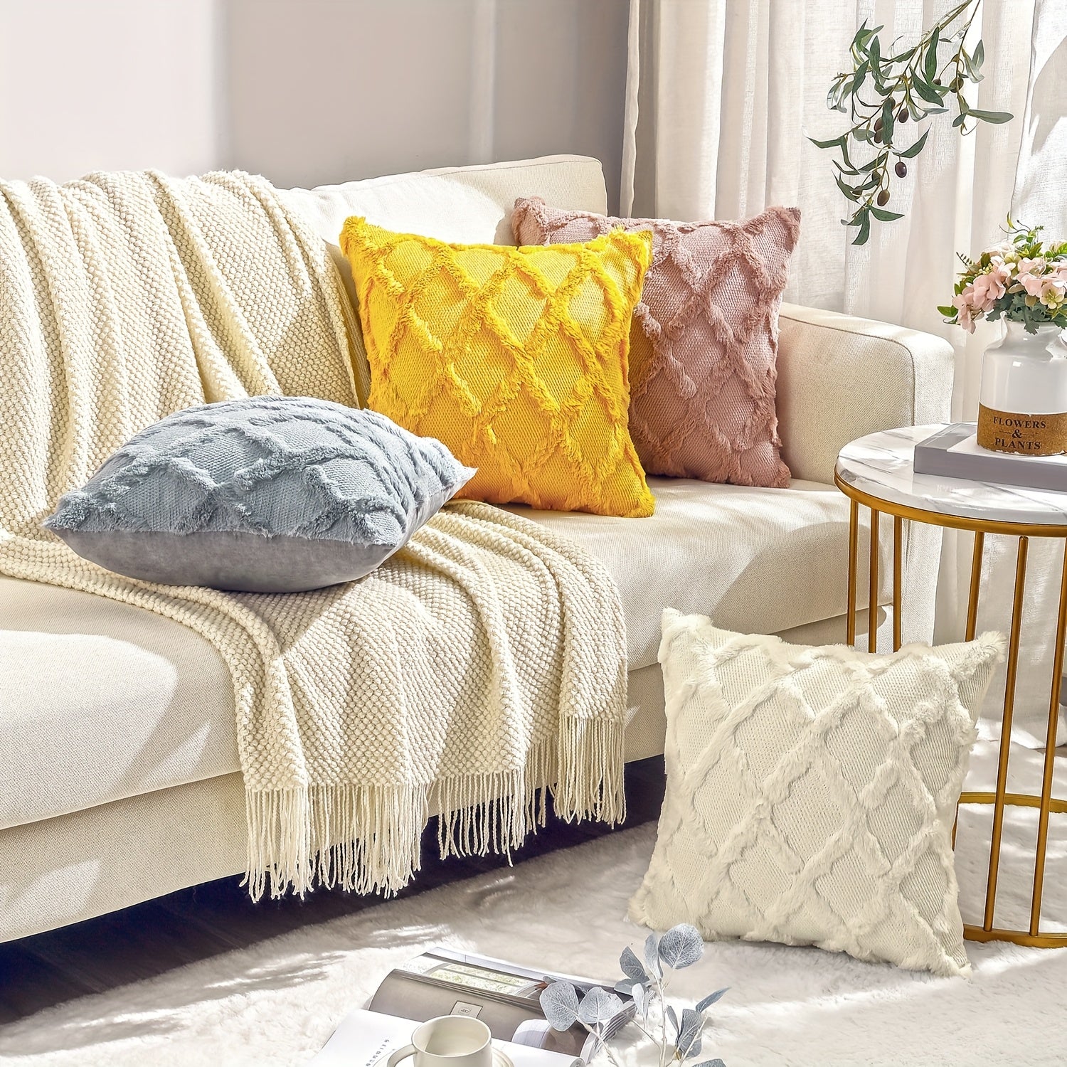 4-Pack Bohemian Style Throw Pillow Covers, 18x18 Inch, Shaggy Plush Faux Wool, 3D Embroidery Geometric Pattern, Suede Decorative Cushion Covers with Zipper, Machine Washable, Polyester, for Multiple Room Couch Sofa Living Room Decor
