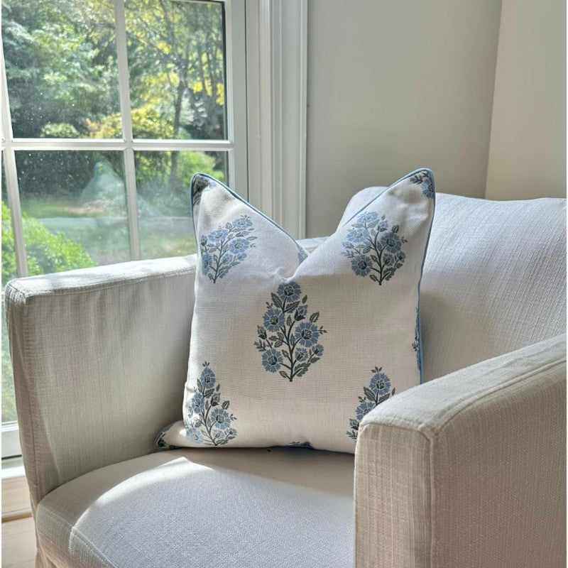 The Camille Floral Block Print Pillow Cover Soft Blue and Off White Decorative Throw Pillow Cover Grandmillennial Home Decor 20 x 20