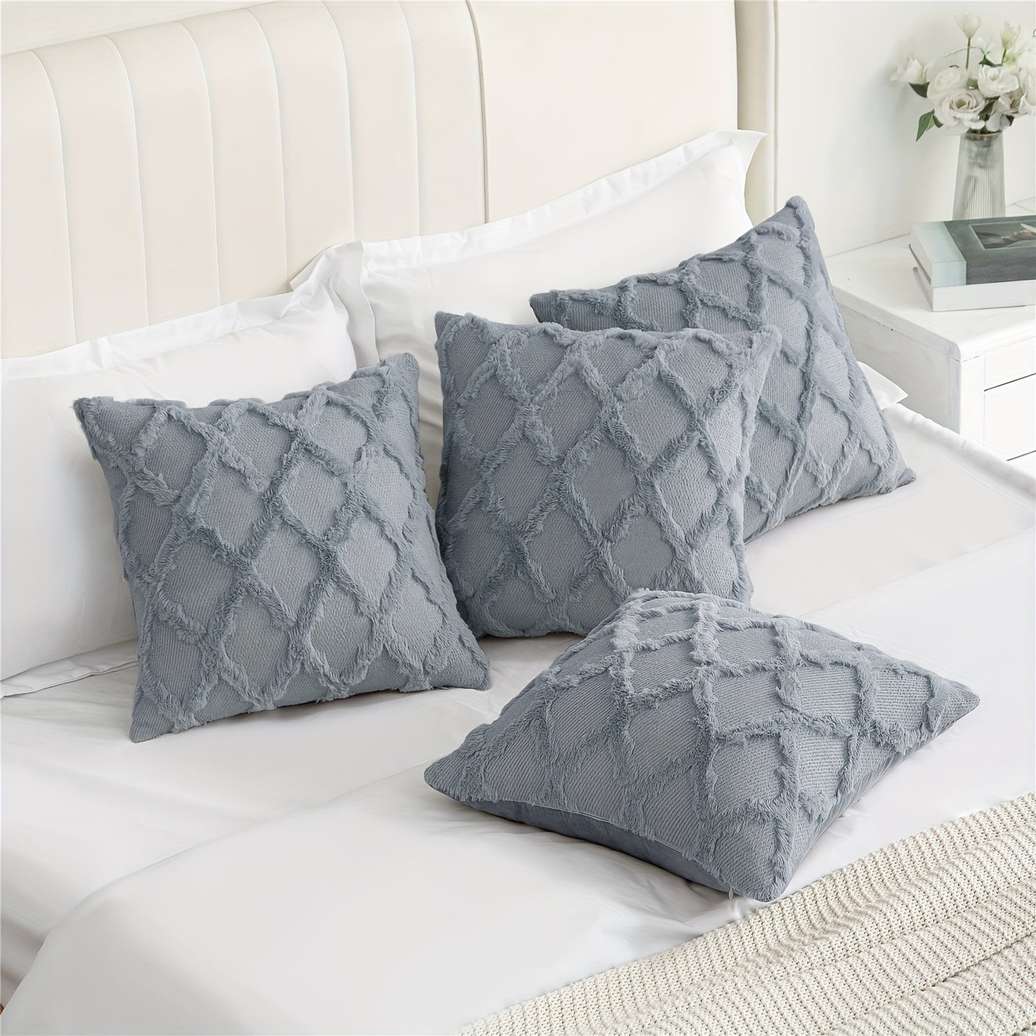 4-Pack Bohemian Style Throw Pillow Covers, 18x18 Inch, Shaggy Plush Faux Wool, 3D Embroidery Geometric Pattern, Suede Decorative Cushion Covers with Zipper, Machine Washable, Polyester, for Multiple Room Couch Sofa Living Room Decor