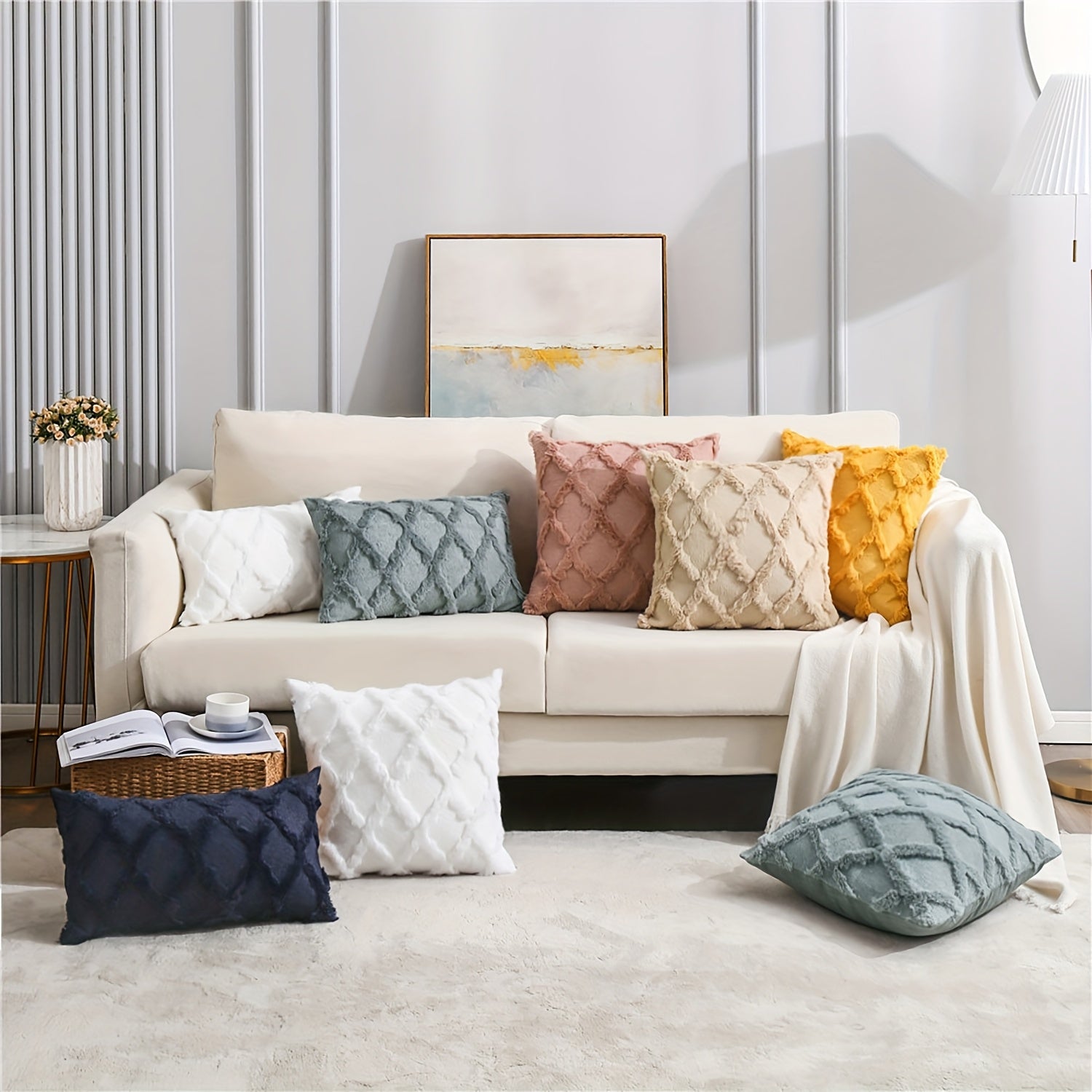 4-Pack Bohemian Style Throw Pillow Covers, 18x18 Inch, Shaggy Plush Faux Wool, 3D Embroidery Geometric Pattern, Suede Decorative Cushion Covers with Zipper, Machine Washable, Polyester, for Multiple Room Couch Sofa Living Room Decor
