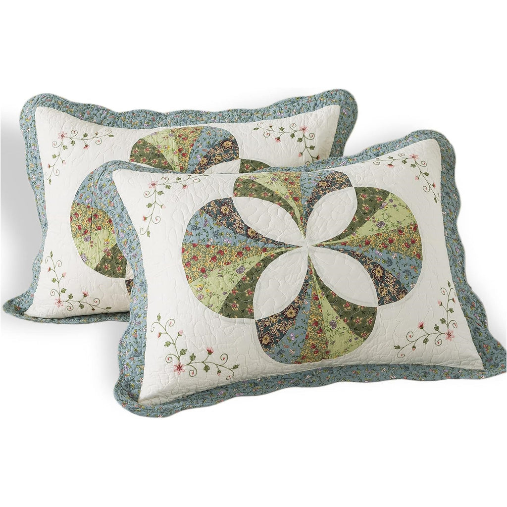 Set of 2 Hand Stitch Finished Cotton Pillow Shams - Luxuries Floral Pattern - Shabby Chic Country Cabin Bedding for All Seasons Ivory and Green for All Seasons for Home Bedroom, Guestroom, RV, Camper, Cabin, and College Dorms
