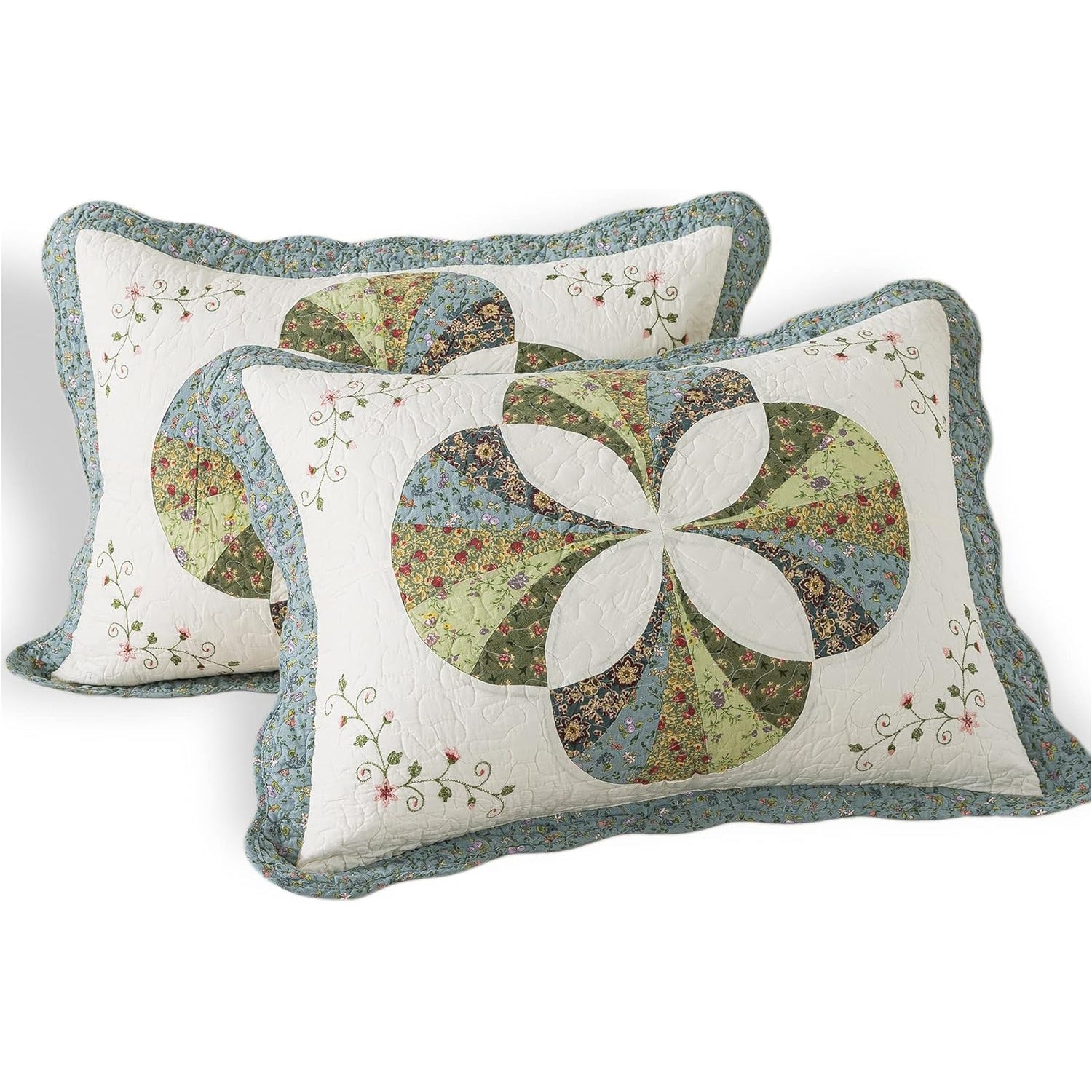 Set of 2 Hand Stitch Finished Cotton Pillow Shams - Luxuries Floral Pattern - Shabby Chic Country Cabin Bedding for All Seasons Ivory and Green for All Seasons for Home Bedroom, Guestroom, RV, Camper, Cabin, and College Dorms