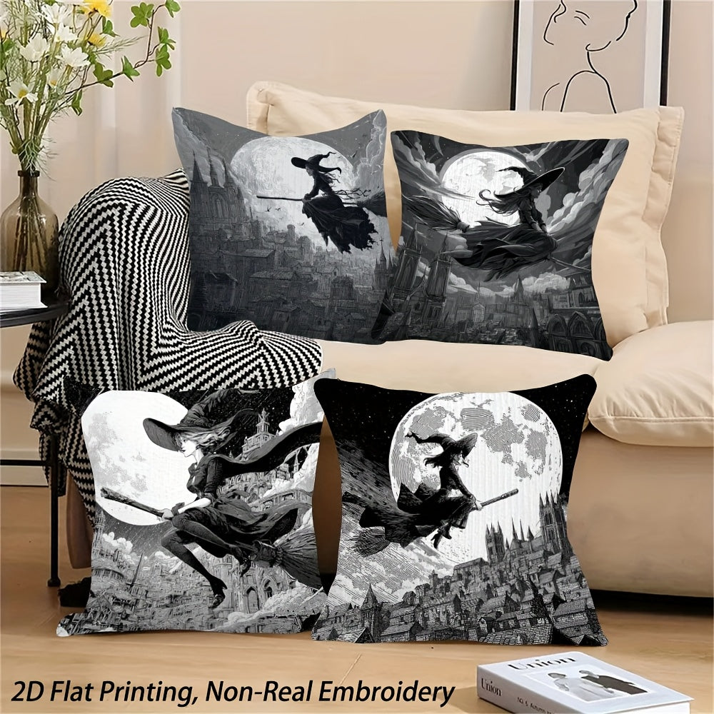 2D Flat Printing, 4pcs Witch And Castle Throw Pillow Covers - Autumn Decorative Accent Cushion Covers for Office, Car, Non-Real Embroidery - Double-Sided Luxurious Sofa Bed Living Room Bedroom Decoration, Without Pillow Inserts YH-LCX67965-67968, for