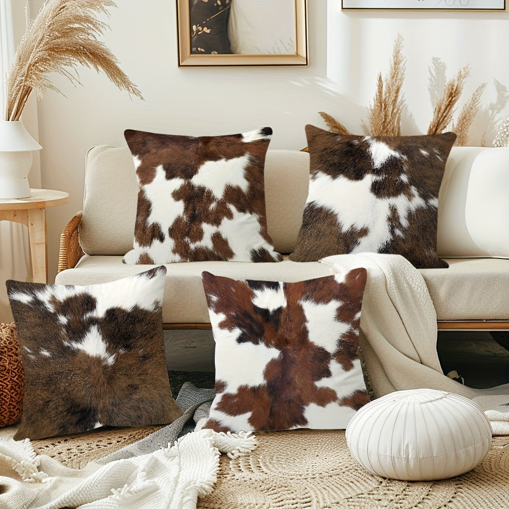 Set Of 4, Vintage Short Plush Double-sided Printed Animal Fur Throw Pillow Covers, Brown Faux Cowhide Printed Decor Cushion Covers, Farmhouse Style Pillowcases, 18x18 Inch, For Porch, Patio, Sofa, Living Room, Bedroom, Outdoor, Without Pillow Inserts