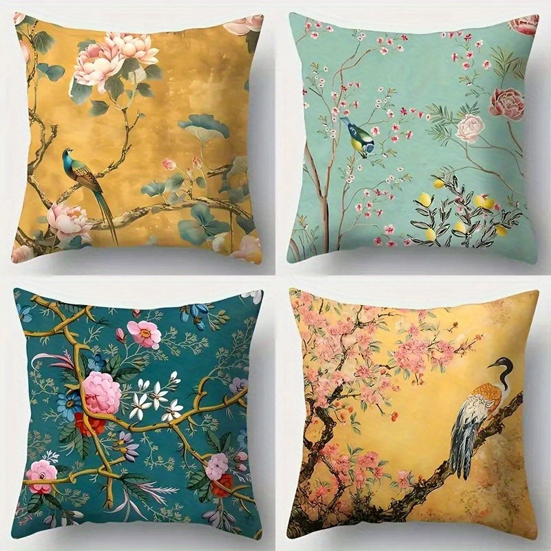 4pcs, 2D Flat Digital Double-Sided Print Non-Embroidered Floral and Bird Short Plush Pillow Covers Machine Washable - Suitable for Everyday/Valentine's Day/Mother's Day/Independence Day/Halloween/Thanksgiving/Christmas Holiday Decorations, 2D Flat