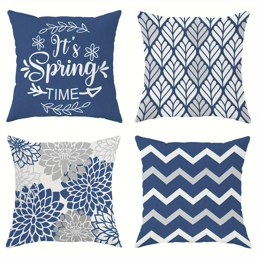 4pcs Double-Sided Printed Geometric Throw Pillow Covers - Soft Plush Retro Spring Decor with Zipper Closure, Machine Washable, Multiple Sizes for Living Room, Bedroom, Sofa, Seasonal Decoration, Chevron Print, Durable Fabric, Home Textiles, Home