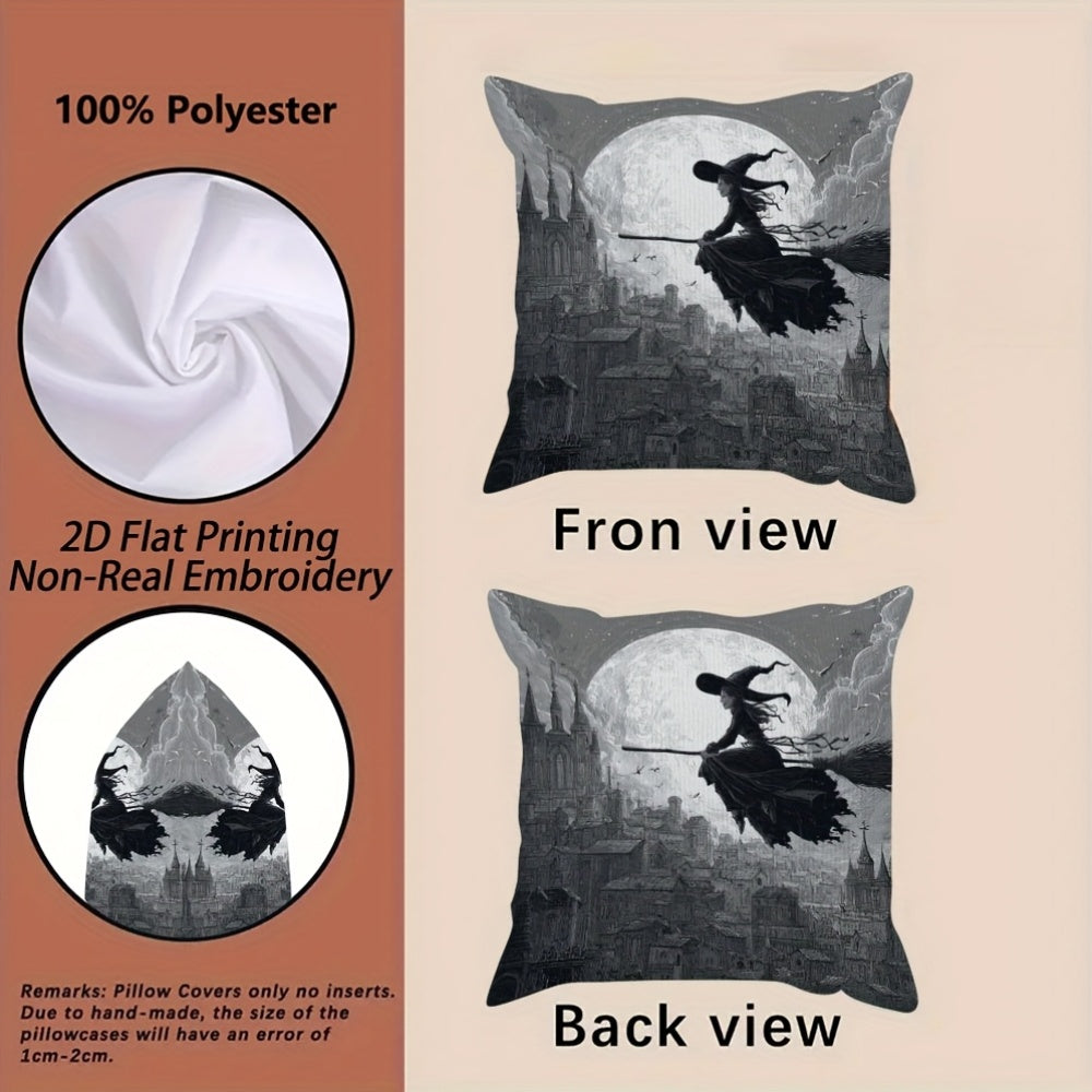 2D Flat Printing, 4pcs Witch And Castle Throw Pillow Covers - Autumn Decorative Accent Cushion Covers for Office, Car, Non-Real Embroidery - Double-Sided Luxurious Sofa Bed Living Room Bedroom Decoration, Without Pillow Inserts YH-LCX67965-67968, for