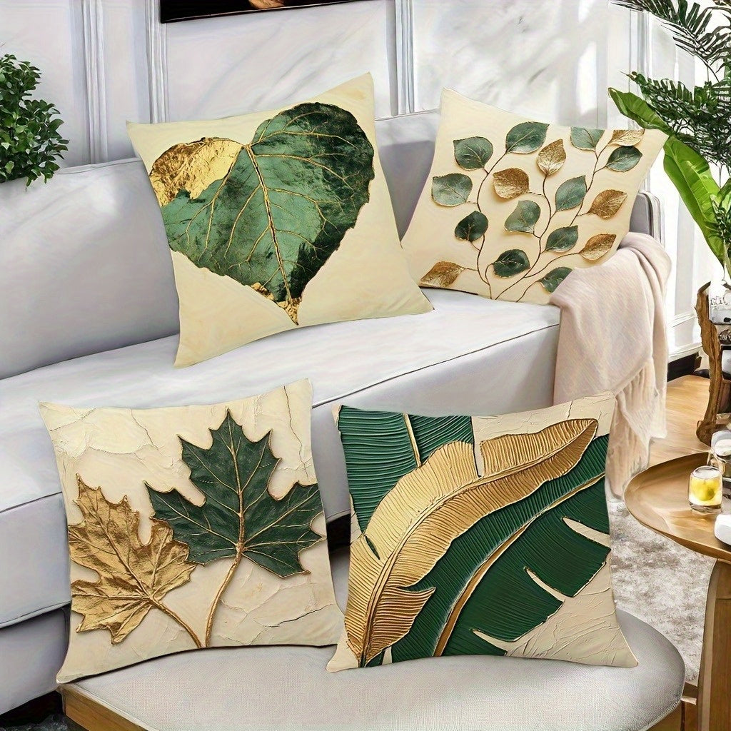 4pcs Vintage Botanical Leaf Print Pillow Covers - Double-Sided 2D Flat Printed Soft Plush Decorative Pillowcases with Zipper Closure, Multiple Sizes for Living Room, Bedroom, Sofa - Machine Washable Home Decor, Pillow Covers for Living Room, Bedroom