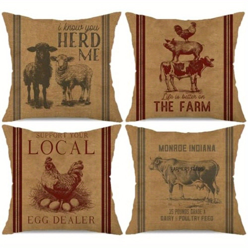 4 packs of old-fashioned farm animal pillowcase design printed pattern zipper pillowcase-double-sided polyester printed pattern zipper closed home decoration living room, bedroom and sofa home decoration (not included in the pillow)