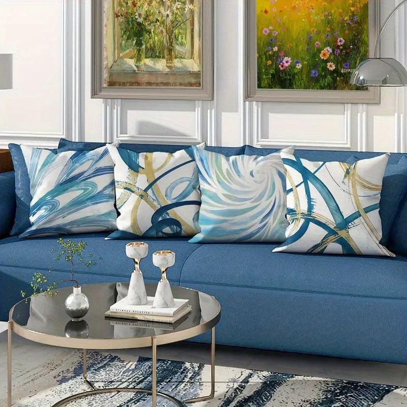 4pcs Abstract Art Pillow Covers - Double-Sided Printed Soft Plush Decorative Pillowcases with Geometric Patterns, Blue & Golden Retro Design, Zipper Closure, Machine Washable, Multiple Sizes for Living Room, Bedroom, Sofa, Decorative Pillow Covers,