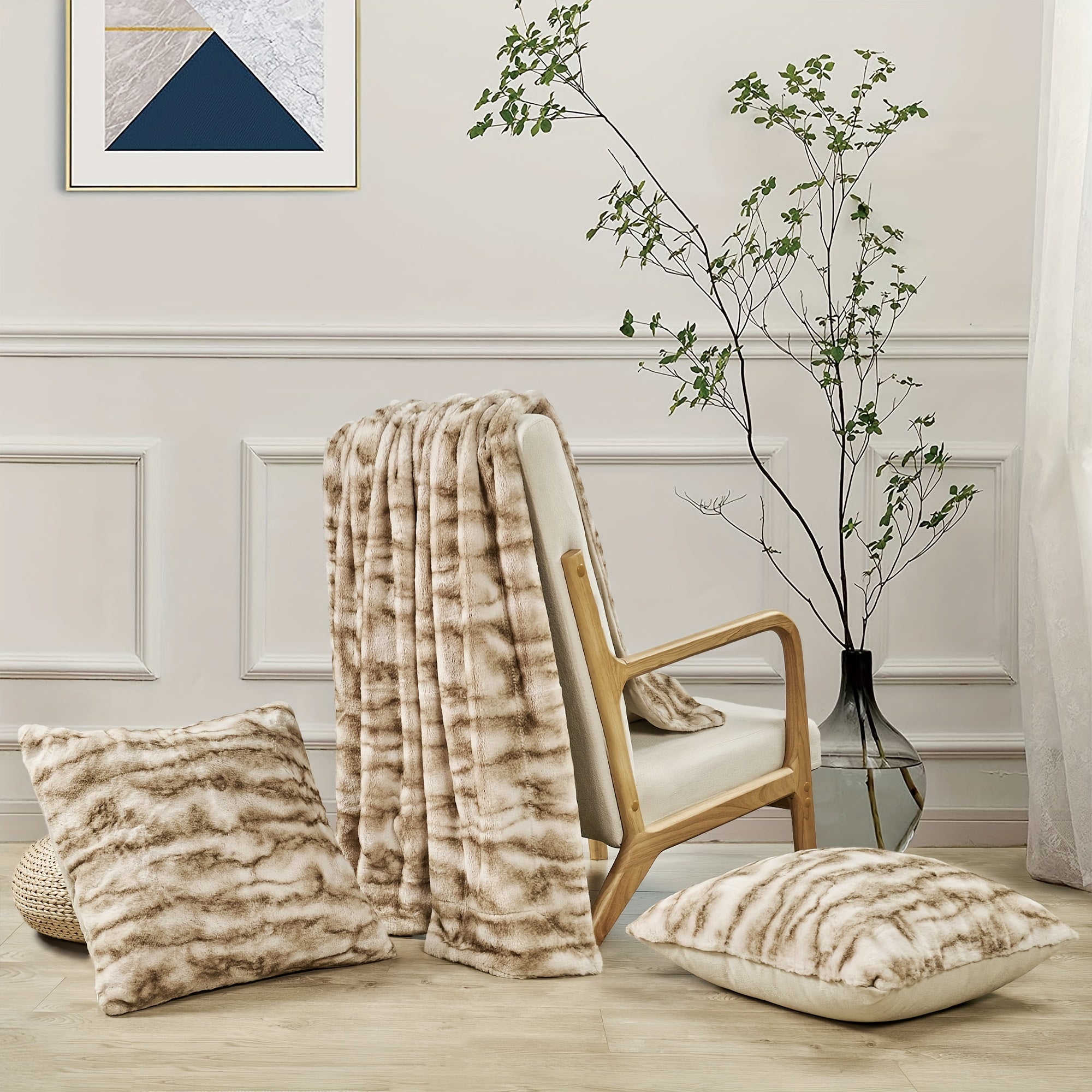 3pcs Throw Combo, 2 Pillow Cover & 1Throw Blanket Combo with Velvet Backing, All-Season Comfort, Plush Fuzzy Soft Warm for Couch Chair Bed Sofa Bedroom Living Room Office Travel Camping