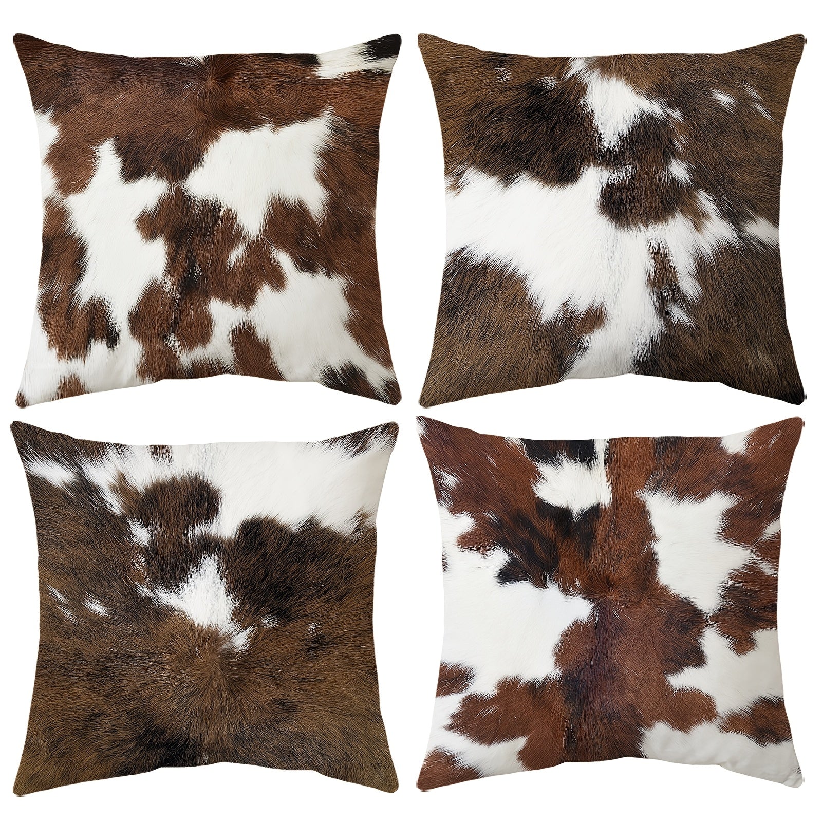 Set Of 4, Vintage Short Plush Double-sided Printed Animal Fur Throw Pillow Covers, Brown Faux Cowhide Printed Decor Cushion Covers, Farmhouse Style Pillowcases, 18x18 Inch, For Porch, Patio, Sofa, Living Room, Bedroom, Outdoor, Without Pillow Inserts