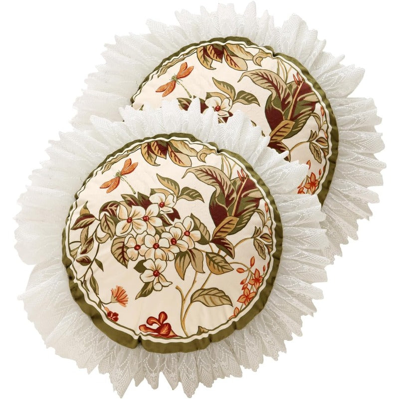 Design Round Vintage Cottage Throw Pillow Covers Diameter 16" Set of 2 Green Soft Velvet Cushion Cover with White Wild Floral Pattern Decor Pillowcases for Bed Living Room Outdoor Car
