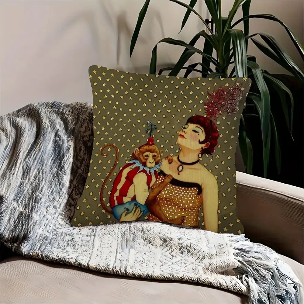 1pc Retro Style Abstract Animal Print Plush Pillowcase, Double-Sided Design, Hand Wash Only, Zipper Closure, Polyester Fiber, Bedroom, Sofa, Living Room, Car Decorative Cushion Cover- 18x18 Inches(No Insert), Decorative Pillow, Elegant Woman & Monkey