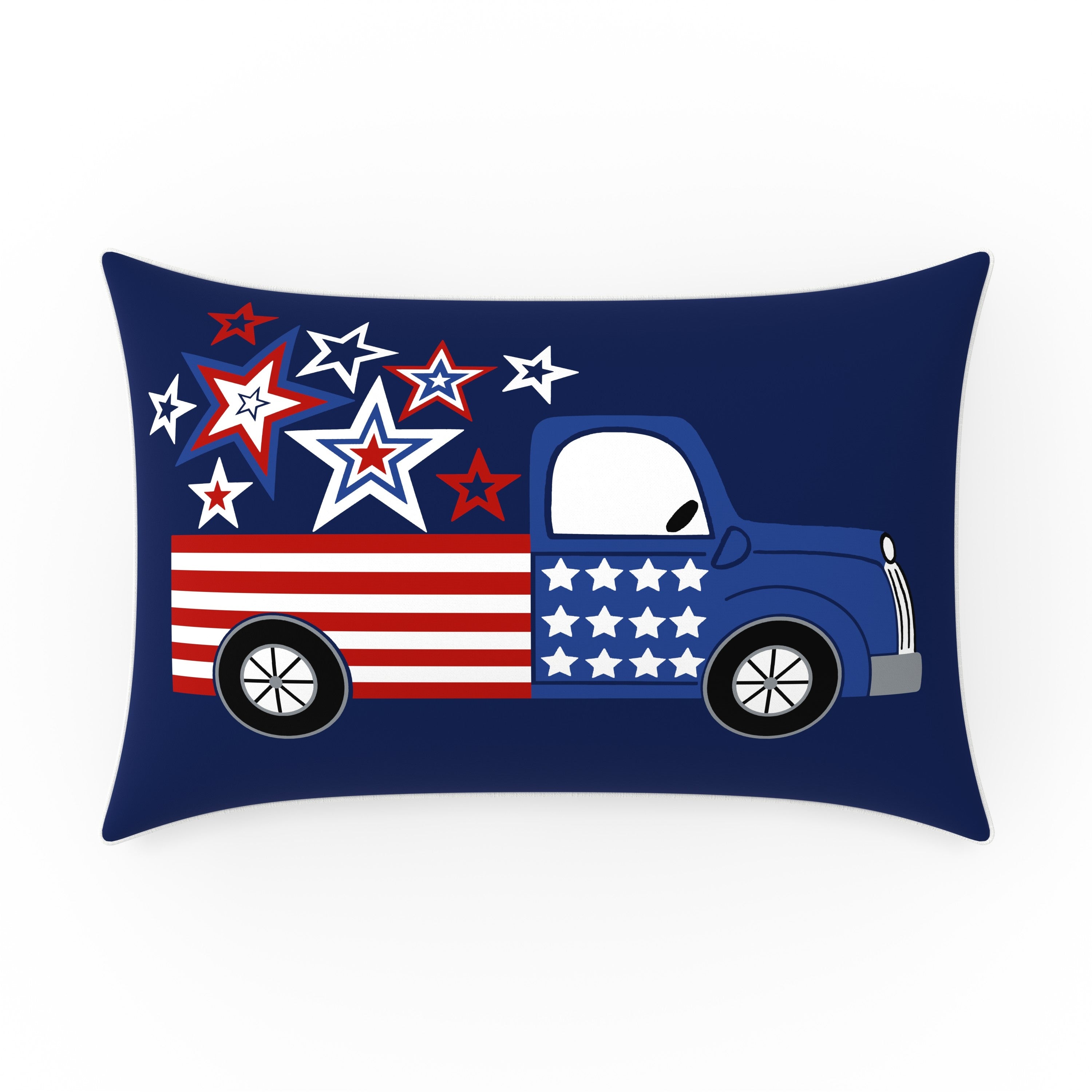 Patriotic Outdoor Reversible Decorative Throw Pillow in Patriotic Truck Blue, 12"x18", Complete Pillow with Welt Cord